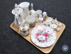 A tray of assorted china including a Royal Albert Berkeley teapot, Wedgwood vases,