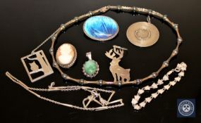 A collection of silver jewellery including cameo brooch etc