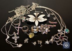 A collection of silver jewellery including Norwegian enamel flower brooch etc