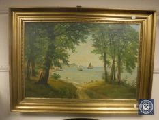 19th century school : Boats off a shore, oil on canvas, signed, 77 cm 51 cm, framed.