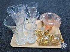 A tray containing seven assorted glass vases together with three two-tone glass perfume bottles