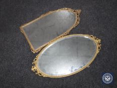 A folding table screen together with two gilt metal framed mirrors