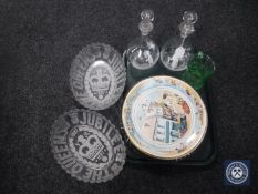 A pair of Victorian hand painted decanters, silver jubilee tankard, Ringtons plates,