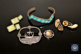 A group of silver jewellery including agate and citrine cufflinks, Celtic brooch,