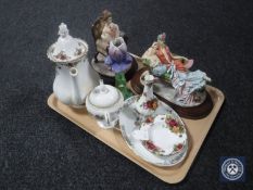 A tray of two Leonardo Collection figures, Old Country Roses teapot, vases and ash tray,