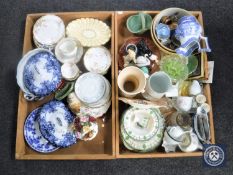 Two wooden Homepride trays containing assorted china including antique tea china,