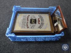 A basket of six framed picture mirrors - Scotch Whisky, Bells Whisky,
