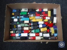 A box of unboxed die cast vehicles - classic cars and delivery vans