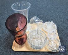 A tray of assorted glass ware including lead crystal basket,