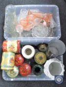 Two plastic storage boxes of assorted glass ware, vases,