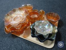 A tray of fourteen pieces of carnival glass ware