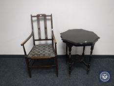 A Victorian inlaid mahogany armchair and an antique shaped occasional table