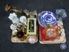Two trays of blue and white china, four boxed wine glasses, Maling cup, Doulton character jug,