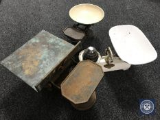 Three sets of antique kitchen scales (one with weights)