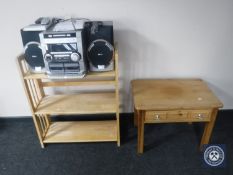 A set of folding pine open bookshelves, pine side table fitted a drawer,
