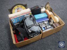 Two boxes containing boxed cutlery, plated cruet set, brush set, camcorder in bag,