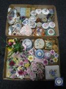 Two boxes of lidded trinket dishes, china flower posies,
