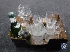 A box of assorted glass ware including drinking glasses, vases decanter,