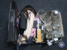 A box of assorted glassware including decanters, drinking glasses, shot measures,