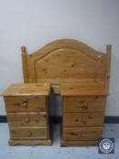 A pair of pine three drawer bedside chests and 3' pine headboard