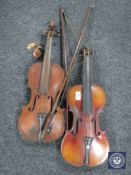 Two late 19th century violins and bows a/f