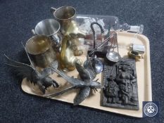 A tray containing plated tankards, glass ships in bottles, Robert Olley plaque,
