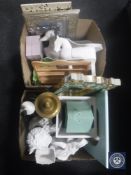 Two boxes of contemporary ornaments, table lamps, framed mirrors,