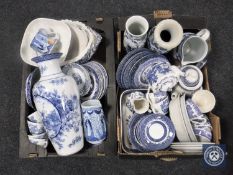 Two boxes containing a quantity of blue and white oriental style china,