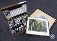 A 20th century oak canteen of stainless steel cutlery together with a framed print, Old Newcastle,