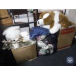 Two boxes and a bag containing a large quantity of soft toys