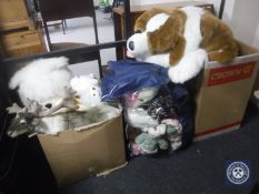 Two boxes and a bag containing a large quantity of soft toys