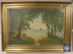 19th century school, boats on a shore, oil on canvas, signed with initials and 1894,