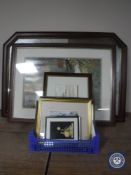 A mahogany framed overmantel mirror together with a quantity of framed pictures and prints