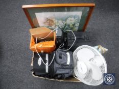 A Sallon Entertainer table top hot plate together with a box containing desk fan, jewellery boxes,