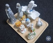 A tray of Nao goose and two other Spanish style figures, fairing bust, money box,