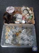 Two boxes of assorted glass ware, fur wrap, ship in bottle,