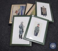 Three framed watercolour studies of S.S. soldiers, four framed L.E.
