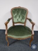 A French salon armchair in green dralon fabric