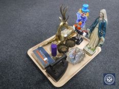 A tray of Virgin Mary figure, Murano glass clown, metal ware, coins, Rolls razor,