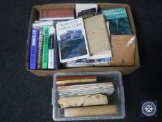 Two boxes containing books; reference, novels,
