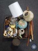 Two boxes of assorted china, glass ware, decanter, walking sticks, umbrellas, globe,