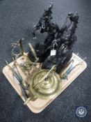 A tray containing pair of spelter rearing horses (a/f), silver handled cake slice,