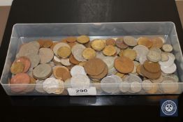 A collection of world coins, silver three pence pieces etc.