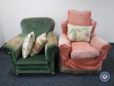 A pair of green dralon armchairs (one with loose cover)