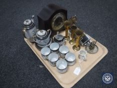 A tray containing brass spill vases, vintage Smiths Enfield Bakelite cased clock, opera glasses,