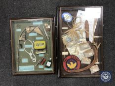 A display case containing grain samples and ephemera and A display case containing poacher's items