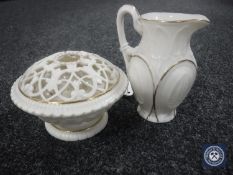 A Royal Worcester cream and gilt potpourri bowl together with a similar jug