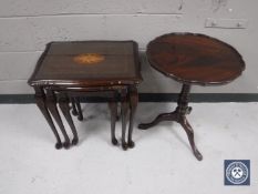 A mahogany pedestal wine table and nest of three tables