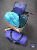 Two boxes of assorted camping equipment including tents, camp beds,