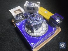 Four boxed Ringtons collectors teapots, tray of Ringtons chintz teapot, money box, wall plates,